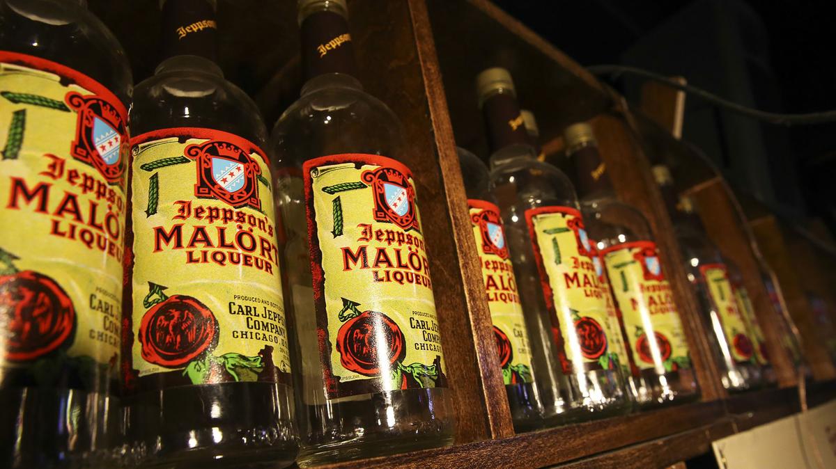 Empty bottles of Malört line a shelf at an Irving Park neighborhood bar in Chicago in 2014. (Nuccio DiNuzzo/Chicago Tribune/TNS)