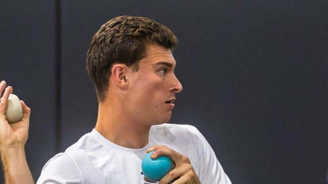  Fernando Mendoza participates in Indiana University's Pro Day at Mellencamp Pavilion on Wednesday, April 1, 2026. | Rich Janzaruk/Herald-Times / USA TODAY NETWORK via Imagn Images 