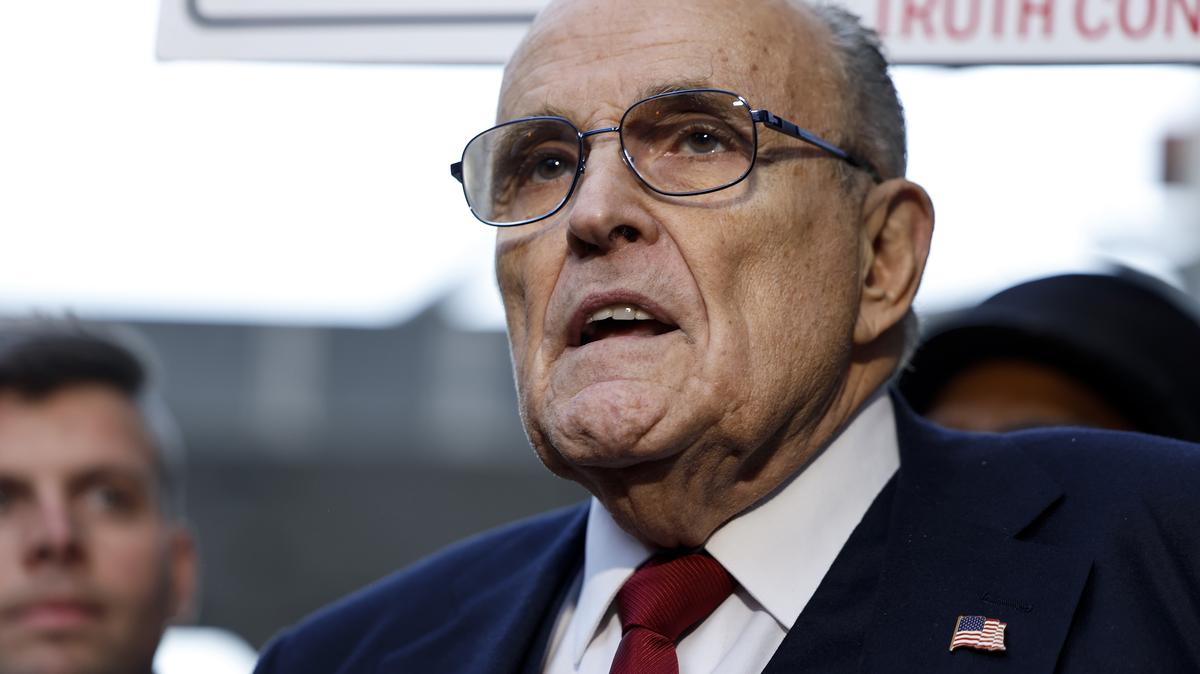 Jury Orders Rudy Giuliani To Pay 148 Million Dollars To Two Former Georgia Election Workers In Defamation Trial Verdict. WASHINGTON, DC - DECEMBER 15: Rudy Giuliani, the former personal lawyer for former U.S. President Donald Trump, speaks with reporters outside of the E. Barrett Prettyman U.S. District Courthouse after a verdict was reached in his defamation jury trial on December 15, 2023 in Washington, DC. A jury has ordered Giuliani to pay $148 million in damages to Fulton County election workers Ruby Freeman and Shaye Moss. (Photo by Anna Moneymaker/Getty Images)