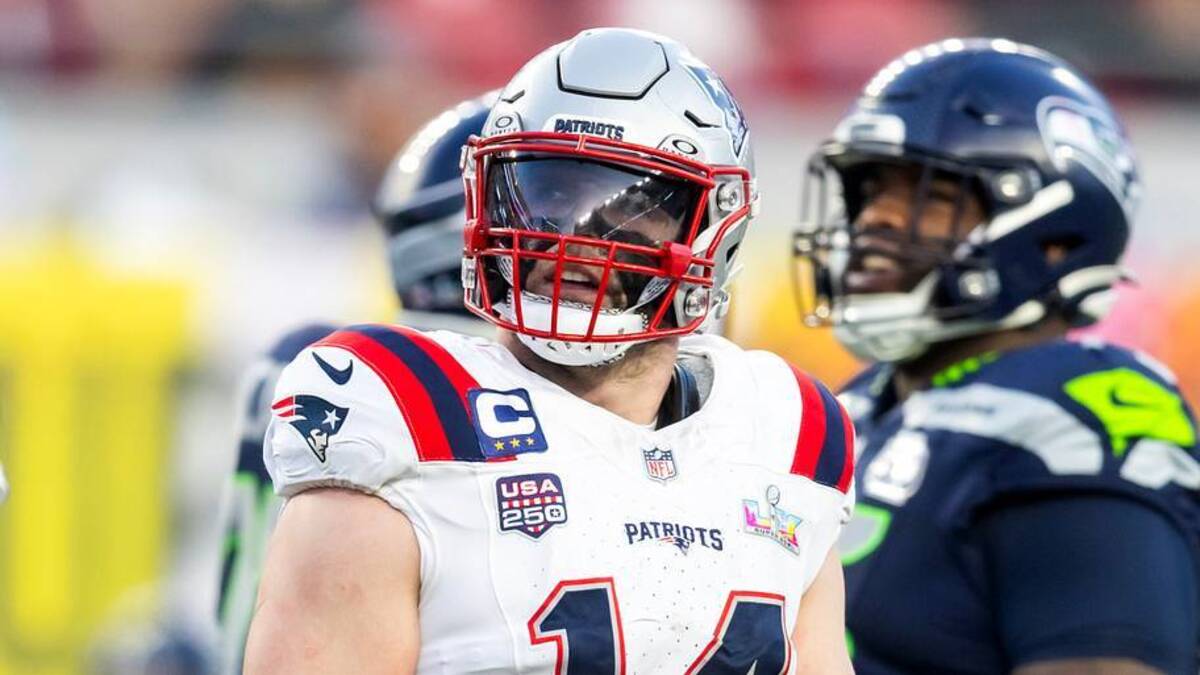  Feb 8, 2026; Santa Clara, CA, USA; New England Patriots linebacker Robert Spillane (14) against the Seattle Seahawks during Super Bowl LX at Levi's Stadium. Mandatory Credit: Mark J. Rebilas-Imagn Images | IMAGN IMAGES via Reuters Connect 