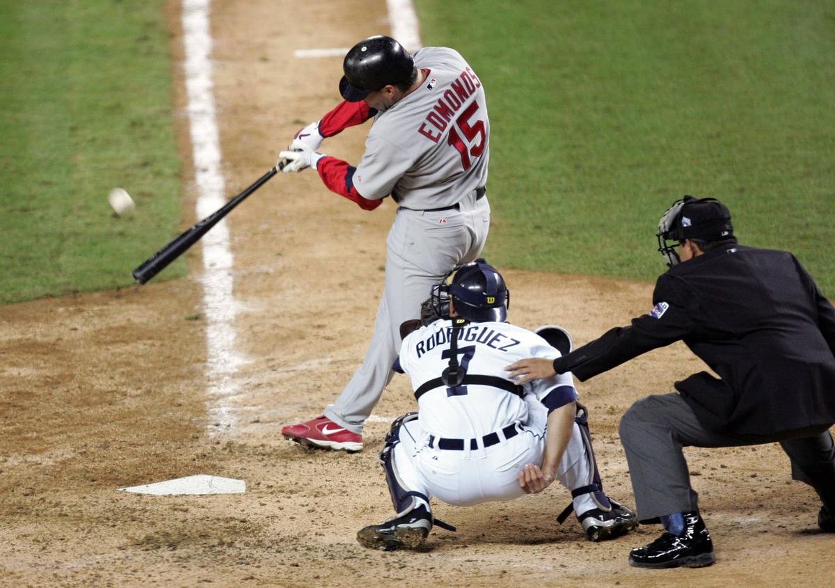  St. Louis Cardinals center fielder Jim Edmonds flies out against the Detroit Tigers during Game 2 of the World Series at Comerica Park. Tom Szczerbowski-USA TODAY Sports