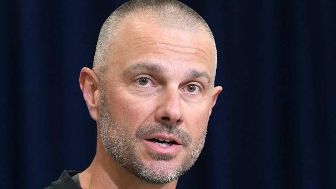  Feb 24, 2026; Indianapolis, IN, USA; Las Vegas Raiders general manager John Spytek speaks at the NFL Scouting Combine at the Indiana Convention Center. Mandatory Credit: Kirby Lee-Imagn Images | Kirby Lee-Imagn Images 