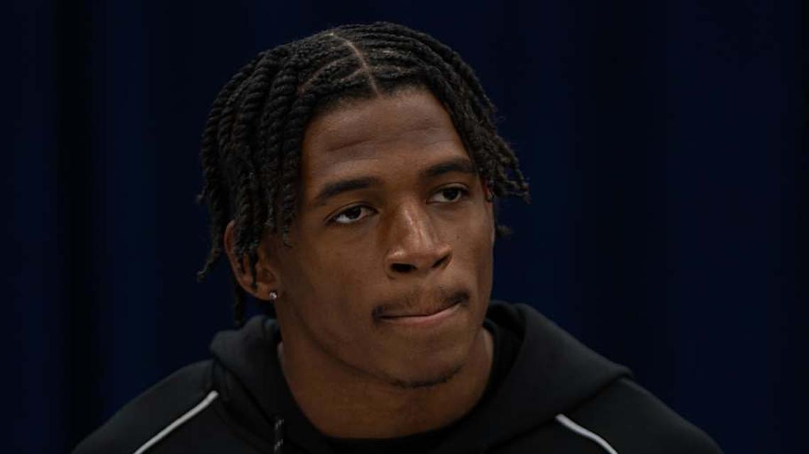  Feb 27, 2026; Indianapolis, IN, USA; UConn wideout Skyler Bell (WO05) speaks to members of the media during the NFL Combine at the Indiana Convention Center. Mandatory Credit: Jacob Musselman-Imagn Images | Jacob Musselman-Imagn Images 