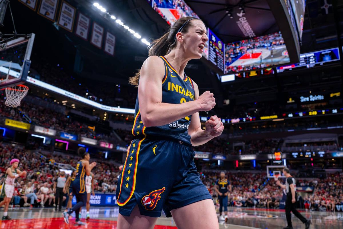  Indiana Fever guard Caitlin Clark reacts after getting fouled during game versus Seattle Storm. Doug McSchooler/Special to IndyStar / USA TODAY NETWORK via Imagn Images