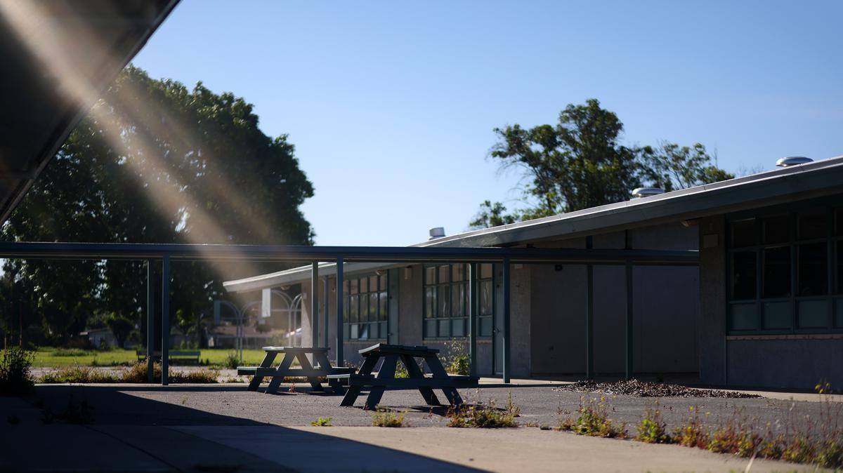 Picnic tables on the campus of A.J. Dorsa Elementary School on Tuesday, March 17, 2026, in San Jose, Calif.  The school has been closed by the Alum Rock Union Elementary School District.  (Aric Crabb/Bay Area News Group)