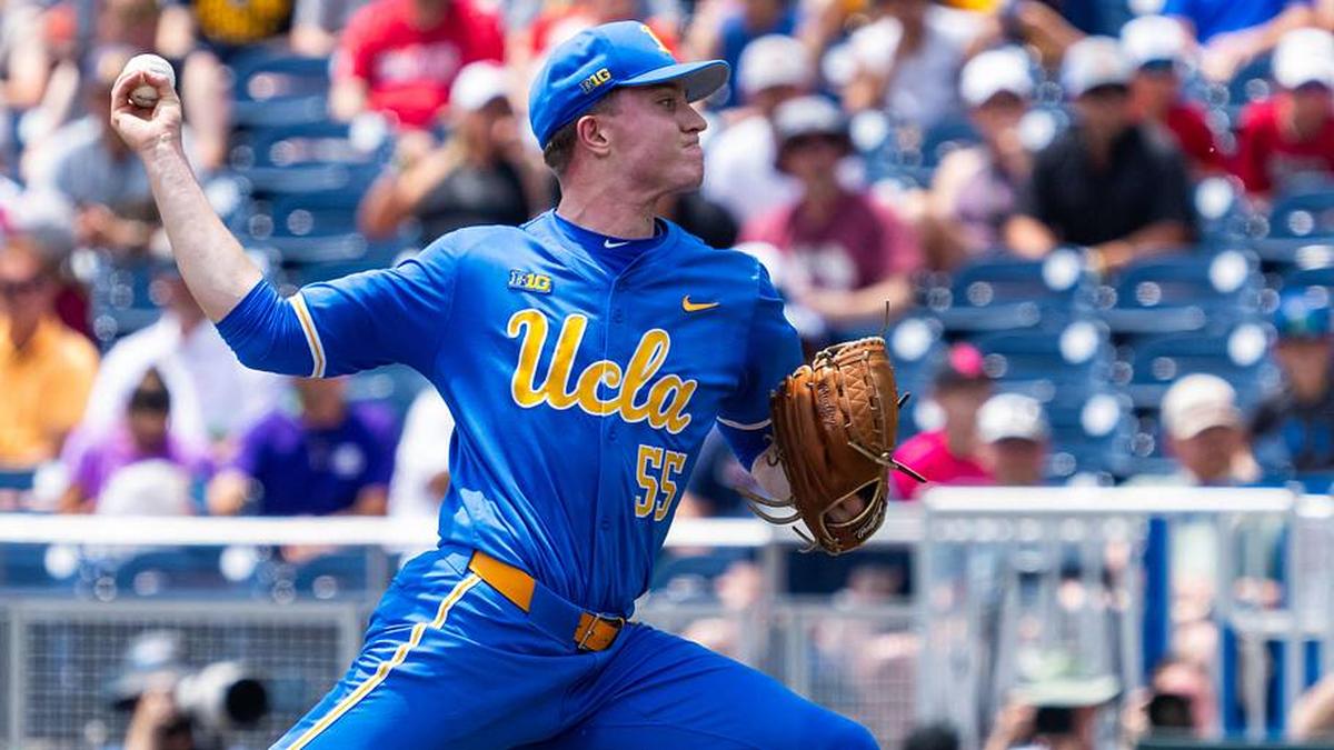  Jun 14, 2025; Omaha, Neb, USA; UCLA Bruins starting pitcher Michael Barnett (55) pitches against the Murray State Racers during the first inning at Charles Schwab Field. Mandatory Credit: Dylan Widger-Imagn Images | Dylan Widger-Imagn Images 