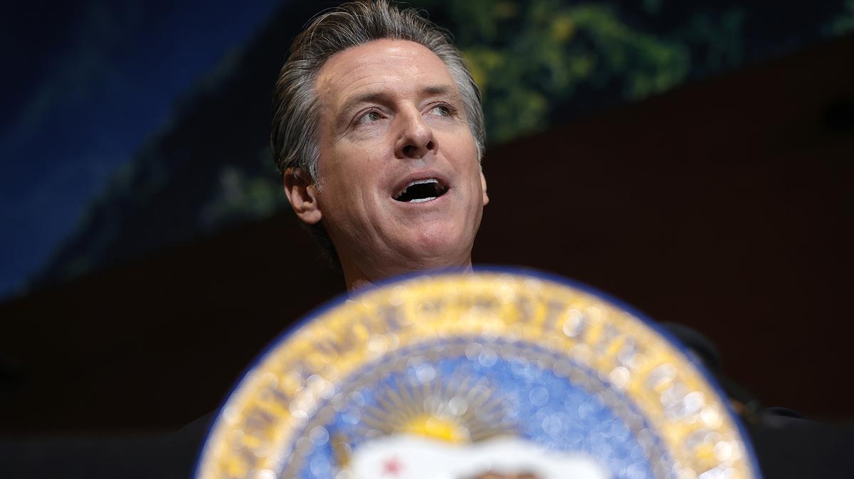 California Gov. Gavin Newsom speaks during a news conference at Kingston 11 Cuisine on Oct. 8, 2021, in Oakland, California. In 2026, Newsom said his administration is “moving forward aggressively” to continue laying the groundwork for a giant tunnel beneath the Sacramento-San Joaquin River Delta to replumb the state’s water system. (Justin Sullivan/Getty Images/TNS)