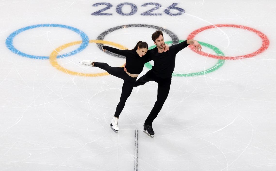 Laurence Fournier Beaudry and Guillaume Cizeron take part in an Ice Dance training session ahead of the Milano Cortina 2026 Winter Olympic Games in February 2026.