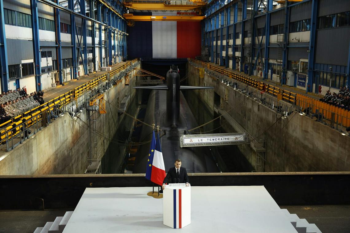  French President Emmanuel Macron delivers a speech at a French nuclear submarine base in Crozon, France, on March 2, 2026. Yoan Valat/Pool Photo via AP 