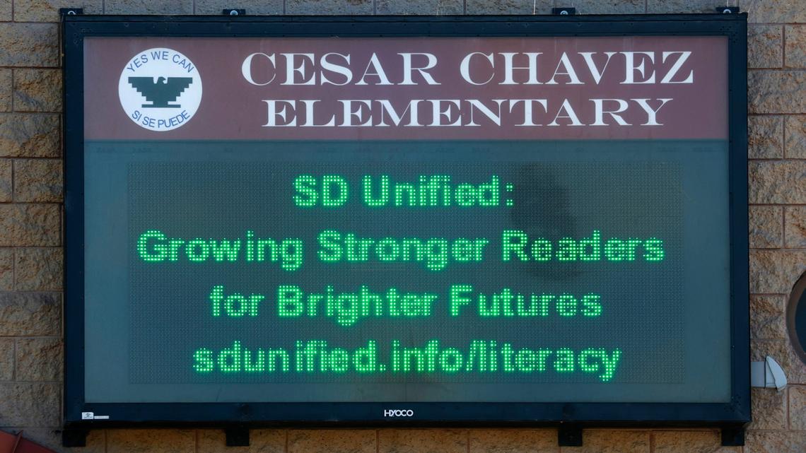 A marquee at Cesar Chavez Elementary School is seen on March 18, 2026, in San Diego. (K.C. Alfred/The San Diego Union-Tribune/TNS)
