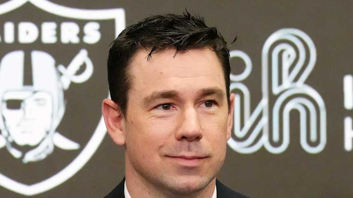  Feb 10, 2026; Henderson, NV, USA; Las Vegas Raiders coach Klint Kubiak speaks at introductory press conference at Intermountain Health Performance Center. Mandatory Credit: Kirby Lee-Imagn Images | Kirby Lee-Imagn Images 