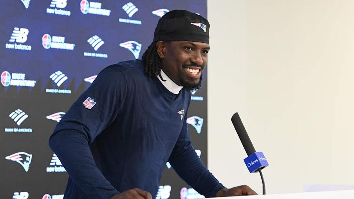  May 9, 2026; Foxborough, MA, USA; New England Patriots cornerback Karon Prunty (21) takes questions from the media during at Gillette Stadium. Mandatory Credit: Eric Canha-Imagn Images | Eric Canha-Imagn Images 