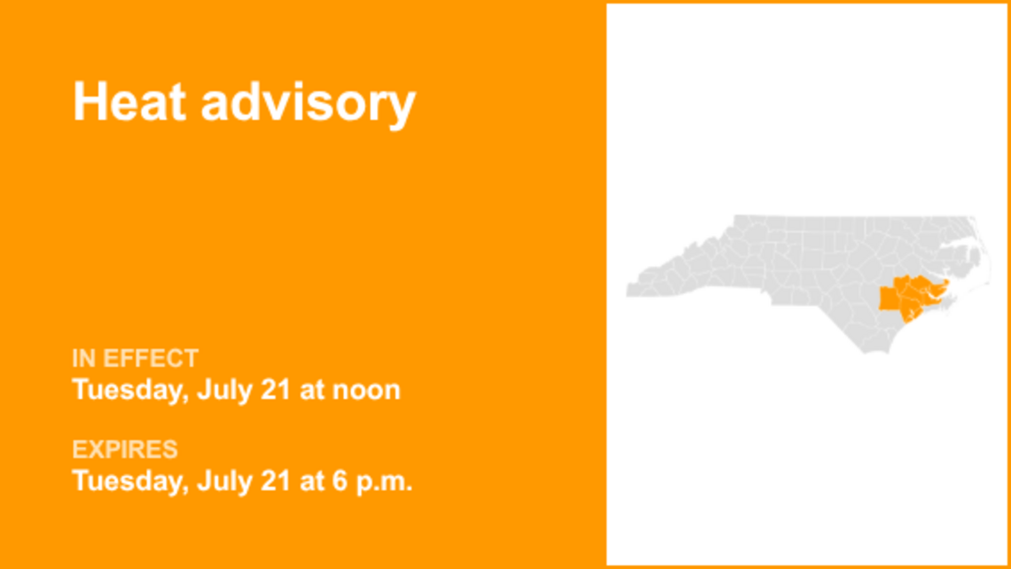 Eastern North Carolina under a heat advisory until Tuesday evening 