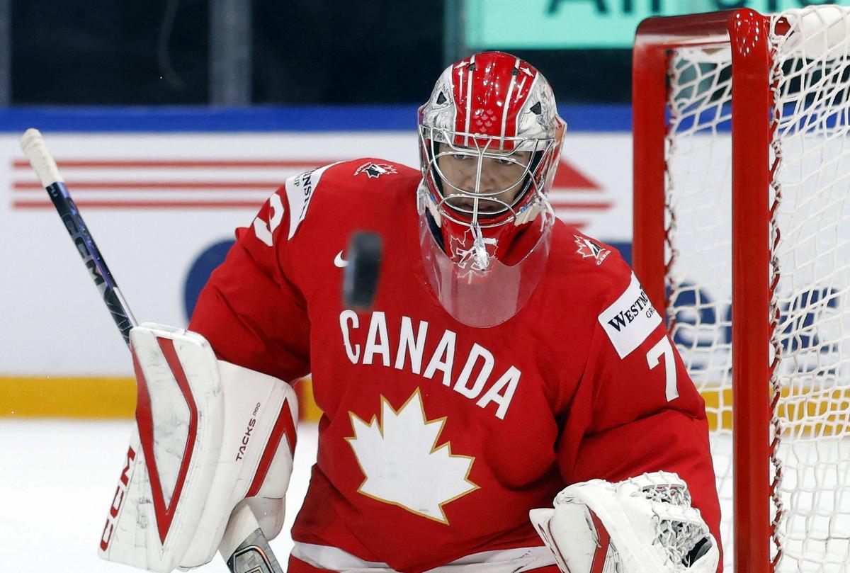 Ice Hockey - IIHF World Championships - Quarter Final - Canada v United States - BCF Arena, Fribourg, Switzerland - May 28, 2026 Canada's Jet Greaves REUTERS/David W Cerny