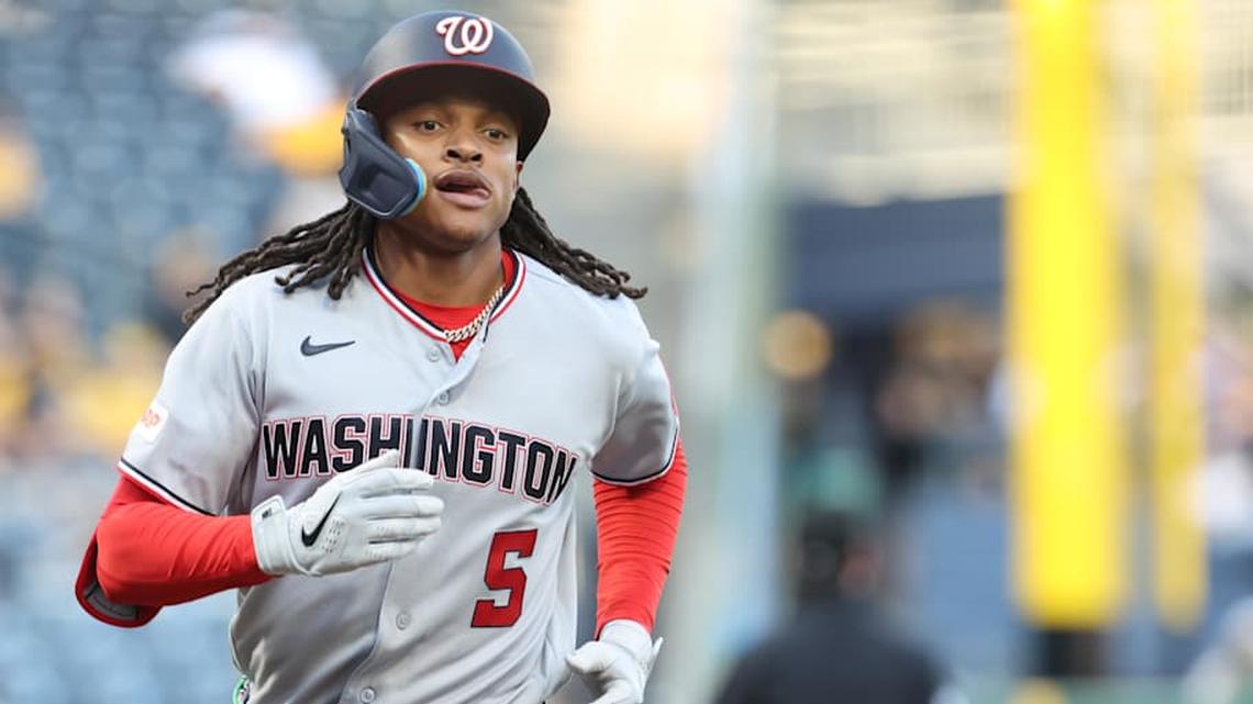  Apr 13, 2026; Pittsburgh, Pennsylvania, USA; Washington Nationals shortstop CJ Abrams (5) circles the bases on a solo home run against the Pittsburgh Pirates during the first inning at PNC Park. | Charles LeClaire-Imagn Images 