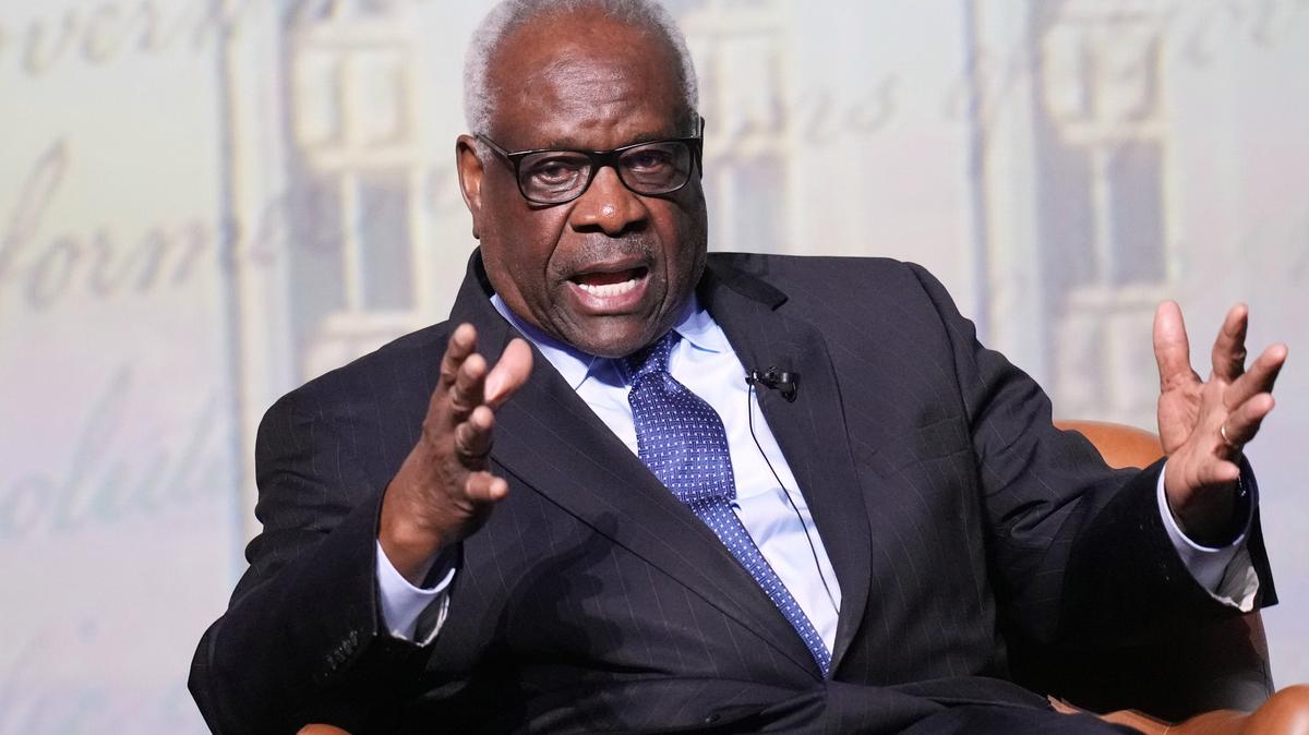 Supreme Court Clarence Thomas. FILE - U.S. Supreme Court Associate Justice Clarence Thomas answers questions during a visit to the University of Texas at Austin, in Austin, Texas, April 15, 2026. (AP Photo/Eric Gay, File)