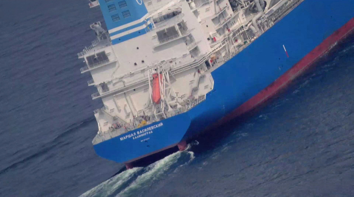 A civilian Russian-flagged LNG tanker Marshal Vasilevskiy in this undated handout picture, which Estonia's Police and Border Guard said was taken as the vessel was in Estonia's vicinity this spring.    ESTONIAN POLICE AND BORDERGUARD/Handout via REUTERS