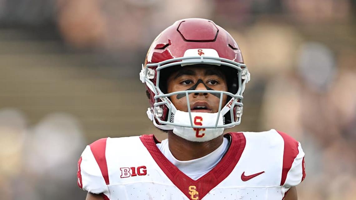  Sep 13, 2025; West Lafayette, Indiana, USA; Southern California Trojans wide receiver Ja'Kobi Lane (8) warms up on the field before the game against the Purdue Boilermakers at Ross-Ade Stadium. Mandatory Credit: Marc Lebryk-Imagn Images | Marc Lebryk-Imagn Images 