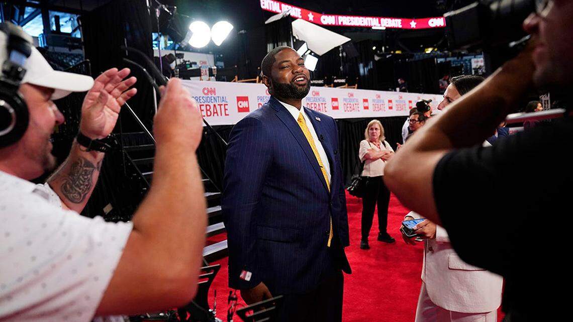Rep. Byron Donalds (R-Fla.), a potential vice presidential running mate for former President Donald Trump, makes the rounds in the “Spin Room” prior to the presidential debate between Trump and President Joe Biden at CNN’s studios in Atlanta on Thursday.