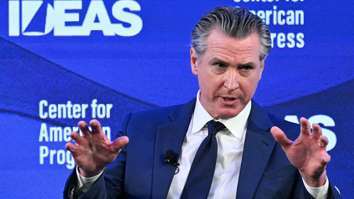 US-POLITICS-GOVERNMENT. California Governor Gavin Newsom speaks during the The Center for American Progress (CAP) IDEAS Conference in Washington, DC on May 19, 2026. 