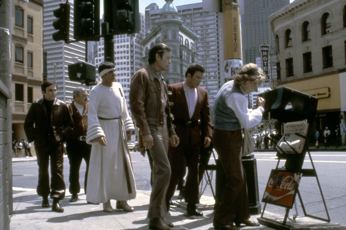 William Shatner and American DeForest Kelley with actor and director Leonard Nimoy on the set of his movie Star Trek IV: The Voyage Home.Paramount Pictures/Sunset Boulevard/Corbis via Getty Images