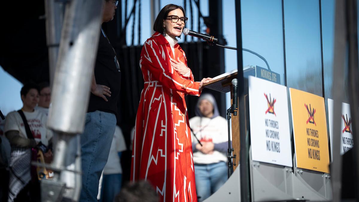 Lt. Gov. Peggy Flanagan speaks to the crowd at the No Kings rally at the Minnesota State Capitol in St. Paul on March 28. (Renée Jones Schneider/The Minnesota Star Tribune/TNS)