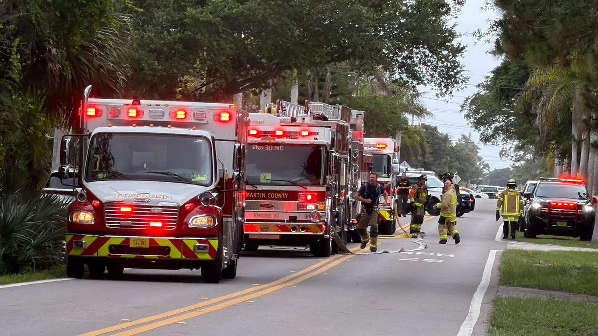 Martin County Fire Rescue crews douse a house fire June 3, 2026, near St. Lucie Boulevard and Southeast Fox Lane in Stuart.