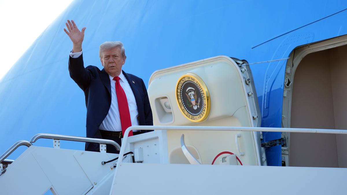 President Donald Trump boards Air Force One at Joint Base Andrews in Maryland en route to his summit meeting with President Vladimir Putin of Russia in Alaska on Friday morning, Aug. 15, 2025.