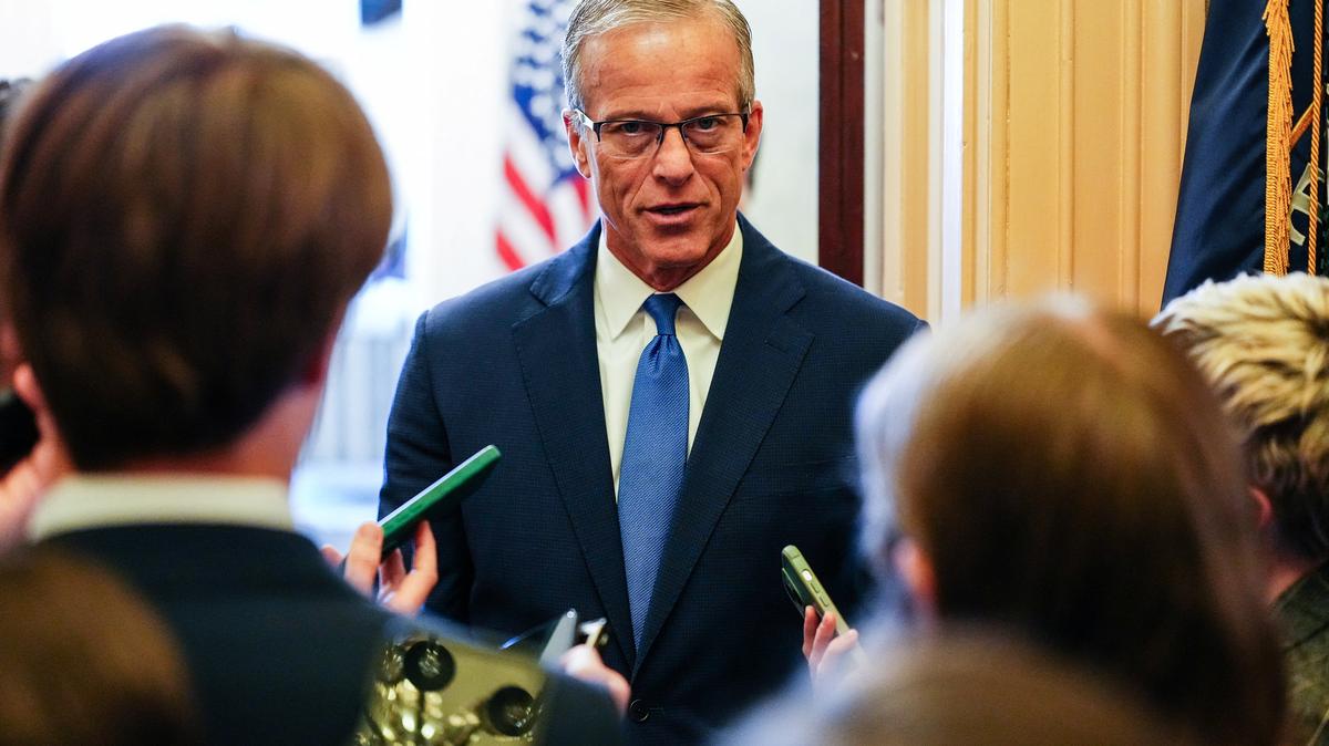 Senate Majority Leader John Thune (R-SD) talks with reporters after leaving the Senate floor on Capitol Hill in Washington, D.C., U.S., April 28, 2026. REUTERS/Eric Lee