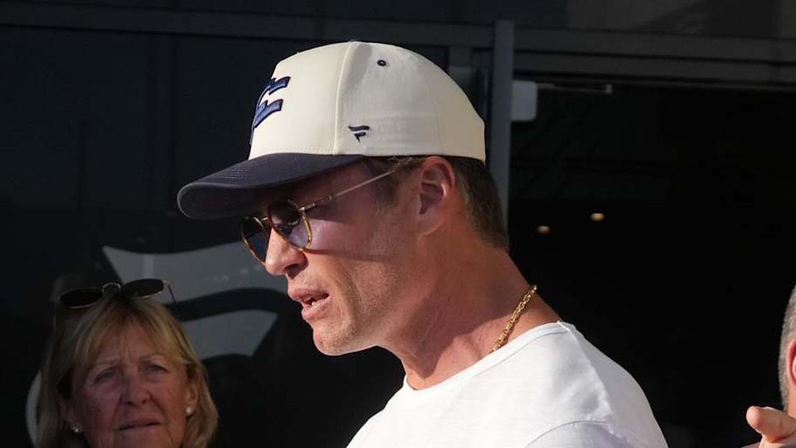  Mar 21, 2026; Los Angeles, CA, USA; Founders FFC quarterback Tom Brady (12) talks with fans during the Fanatics Flag Football Classic at BMO stadium. Mandatory Credit: Kirby Lee-Imagn Images | Kirby Lee-Imagn Images 