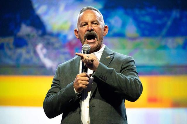 Riverside Sheriff Chad Bianco speaks during a California Chamber of Commerce panel discussion with candidates for California governor at the SAFE Credit Union Convention Center in Sacramento on June 4, 2025. 