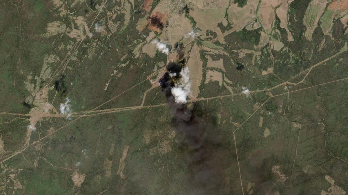 A satellite image shows smoke rising from an oil pumping station, following a Ukrainian drone attack, amid Russia-Ukraine conflict, in Perm, Russia, May 7, 2026.  EUROPEAN UNION/COPERNICUS SENTINEL-2/Handout via REUTERS