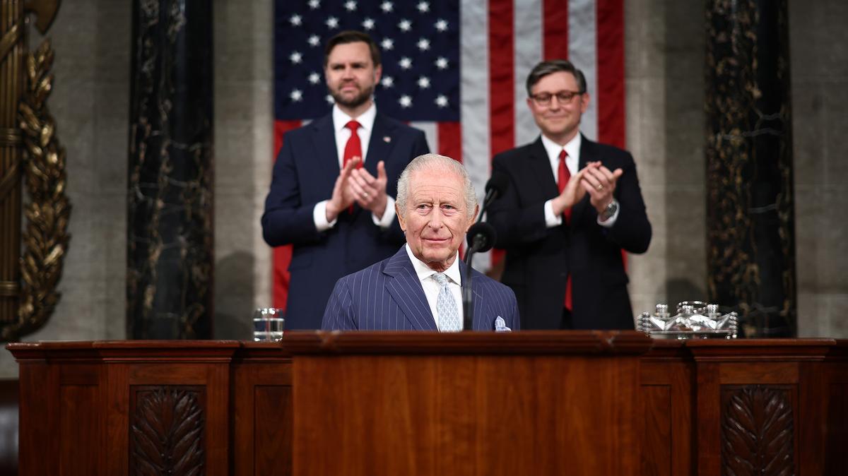 ]Britain's King Charles III is applauded by U.S. Vice President JD Vance and U.S. House Speaker Mike Johnson (R-LA) as he arrives to address a Joint Meeting of Congress at the U.S. Capitol during day two of the State Visit of King Charles III and Queen Camilla to the United States of America on April 28, 2026, in Washington, D.C. In his first visit to the U.S. as the British monarch, King Charles III is addressing Congress as part of a multi-day trip to the nation's capital, New York City, and Virginia celebrating the United States of America's 250th anniversary of its independence. (Henry Nicholls/Pool/Getty Images/TNS)