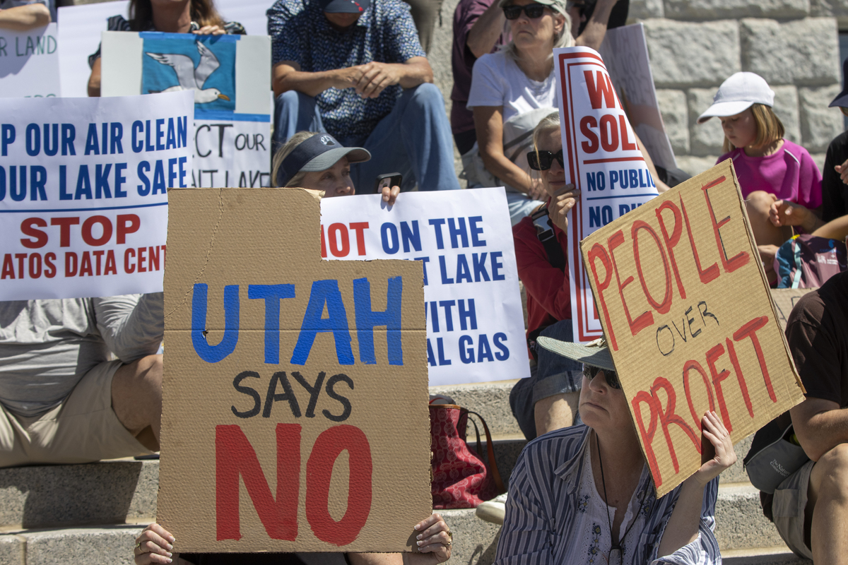  Protesters gather in front of the Utah State Capitol to oppose construction of the Stratos data center in Box Elder County, on May 23 in Salt Lake City. The center would span about 40,000 acres. (Photo by Natalie Behring/Getty Images) 