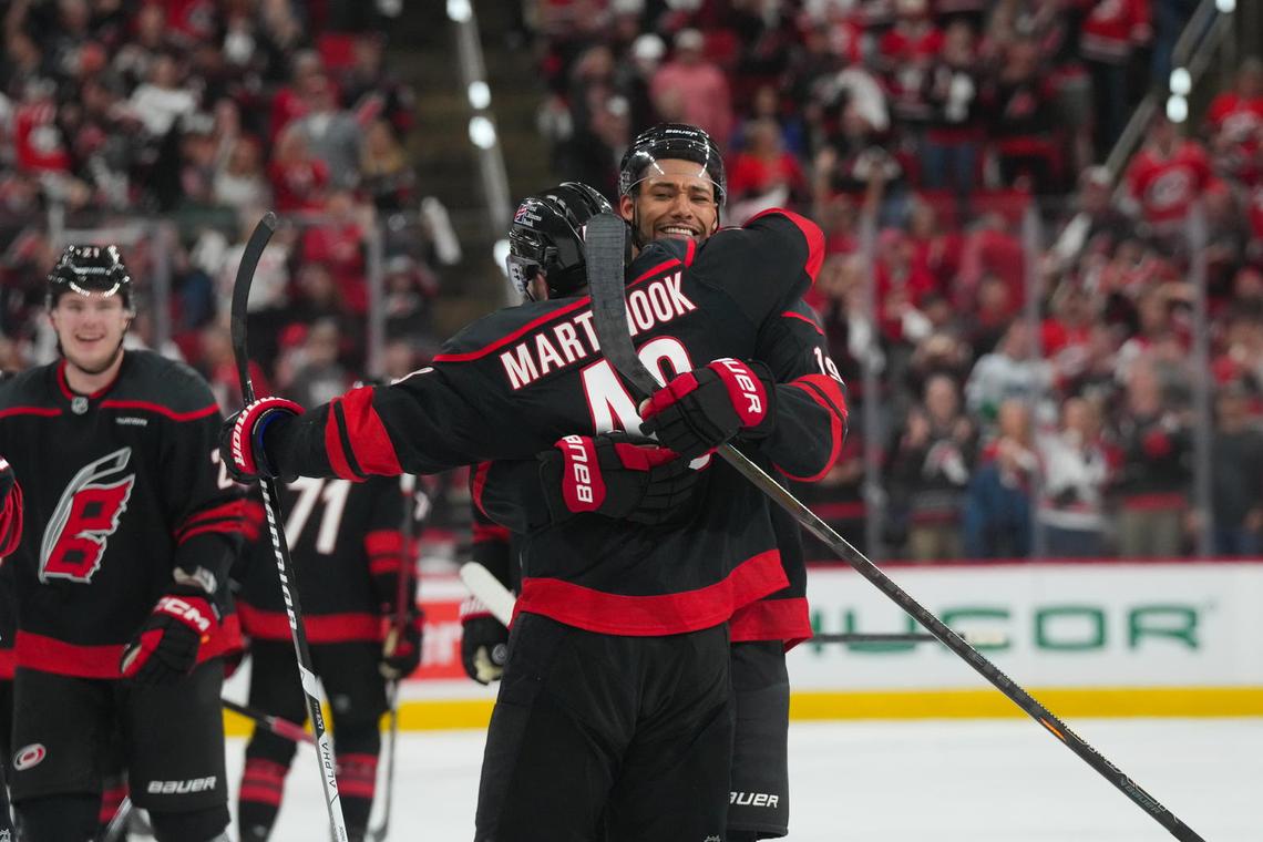  'Hockey's Crazy': Jordan Martinook, Logan Stankoven, Frederik Andersen, Jordan Staal, Rod Brind'Amour On Game 2 OT Win 