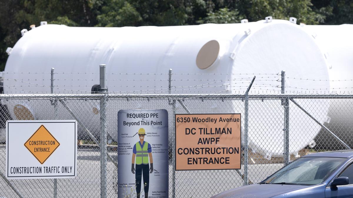 Storage tanks await placement at the groundwater replenishment project at Donald C. Tillman Water Reclamation Plant in Van Nuys, Calif., on Friday, May 22, 2026. (Myung J. Chun/Los Angeles Times/TNS)