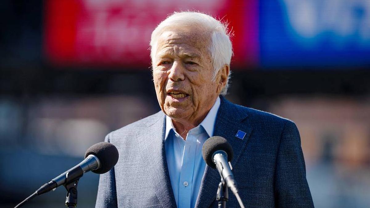  May 7, 2026; Foxborough, MA, USA; New England Patriots owner Robert Kraft addresses the media at a press conference on the game field at Gillette Stadium. Mandatory Credit: Natalie Reid-Imagn Images | Natalie Reid-Imagn Images 