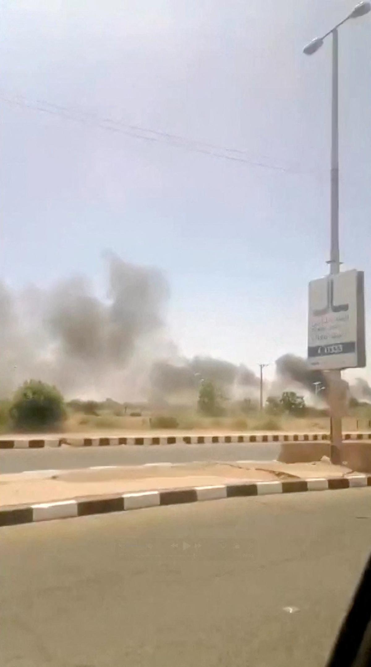 Smoke rises, following a drone attack in Khartoum airport, in Khartoum, Sudan, in this screengrab taken from social media video released on May 4, 2026. SOCIAL MEDIA/REUTERS TV via REUTERS