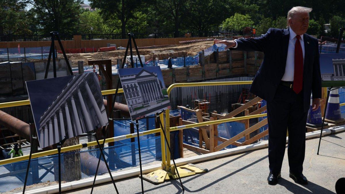 President Donald Trump speaks to the press about the new East Wing next to the construction site at the White House in Washington, D.C., on Tuesday. Photo by Samuel Corum/UPI