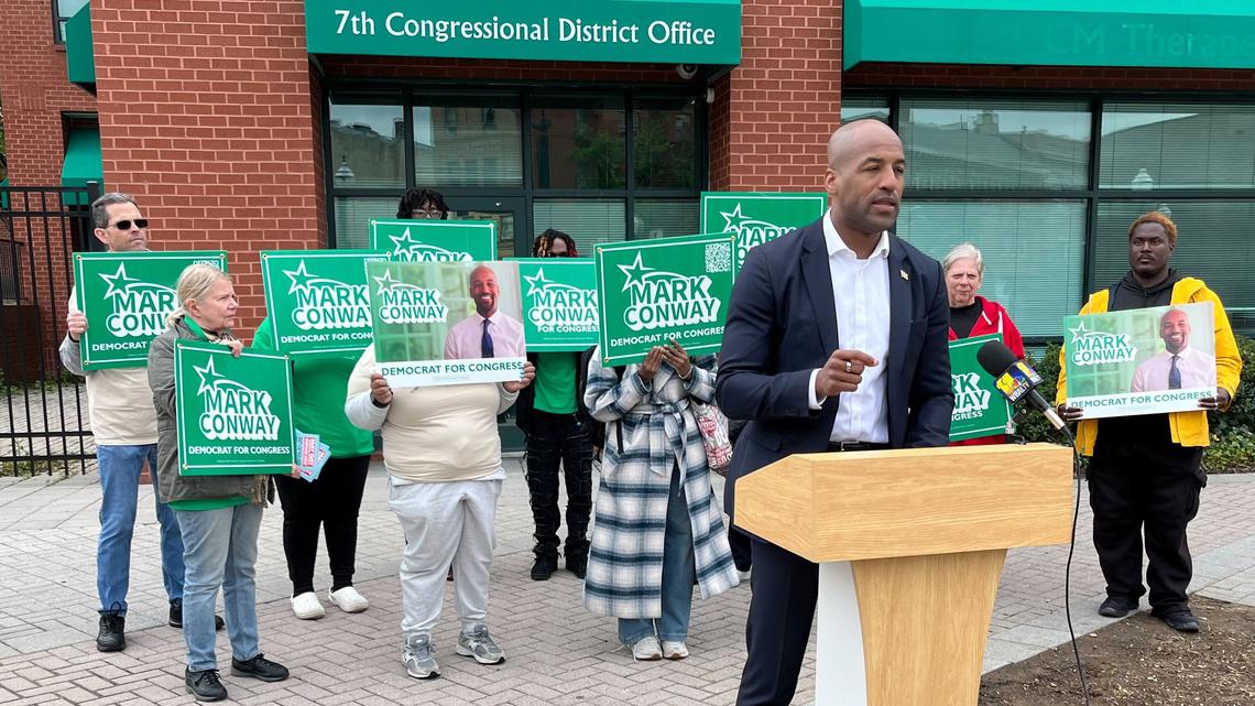 Mark Conway's news conference about Kweisi Mfume donors on Sunday, April 26, 2026. (Matt Hubbard/The Baltimore Sun/TNS)