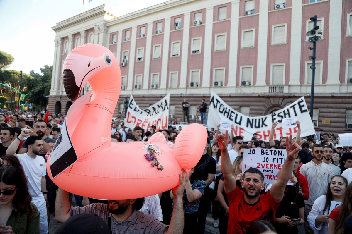  Protestors gather in front of Albania’s Prime Minister’s Office during the 4th day of demonstration against the construction of a luxury resort near a protected natural area, in Tirana on June 4, 2026. Several thousand citizens demonstrated in Tirana for the second consecutive night to demand transparency around a tourist complex project allegedly linked to US President’s son-in-law, Kushner. (Photo by AFP via Getty Images) 