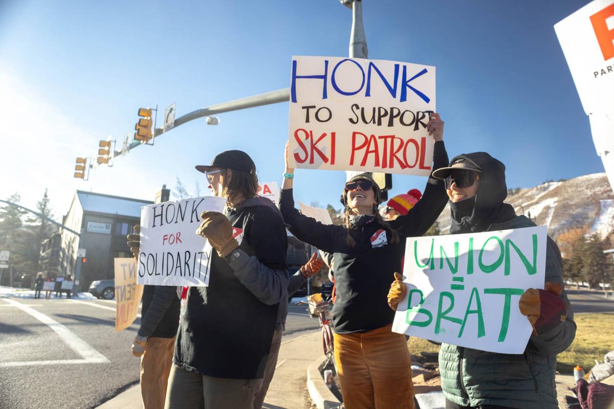  Park City Ski Patrollers at a mock strike as they negotiated a contract with Vail Resorts in 2025.