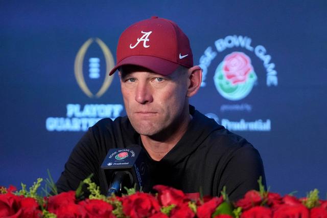  Alabama Crimson Tide head coach Kalen DeBoer speaks in a press conference after the 2026 Rose Bowl. Kirby Lee-Imagn Images
