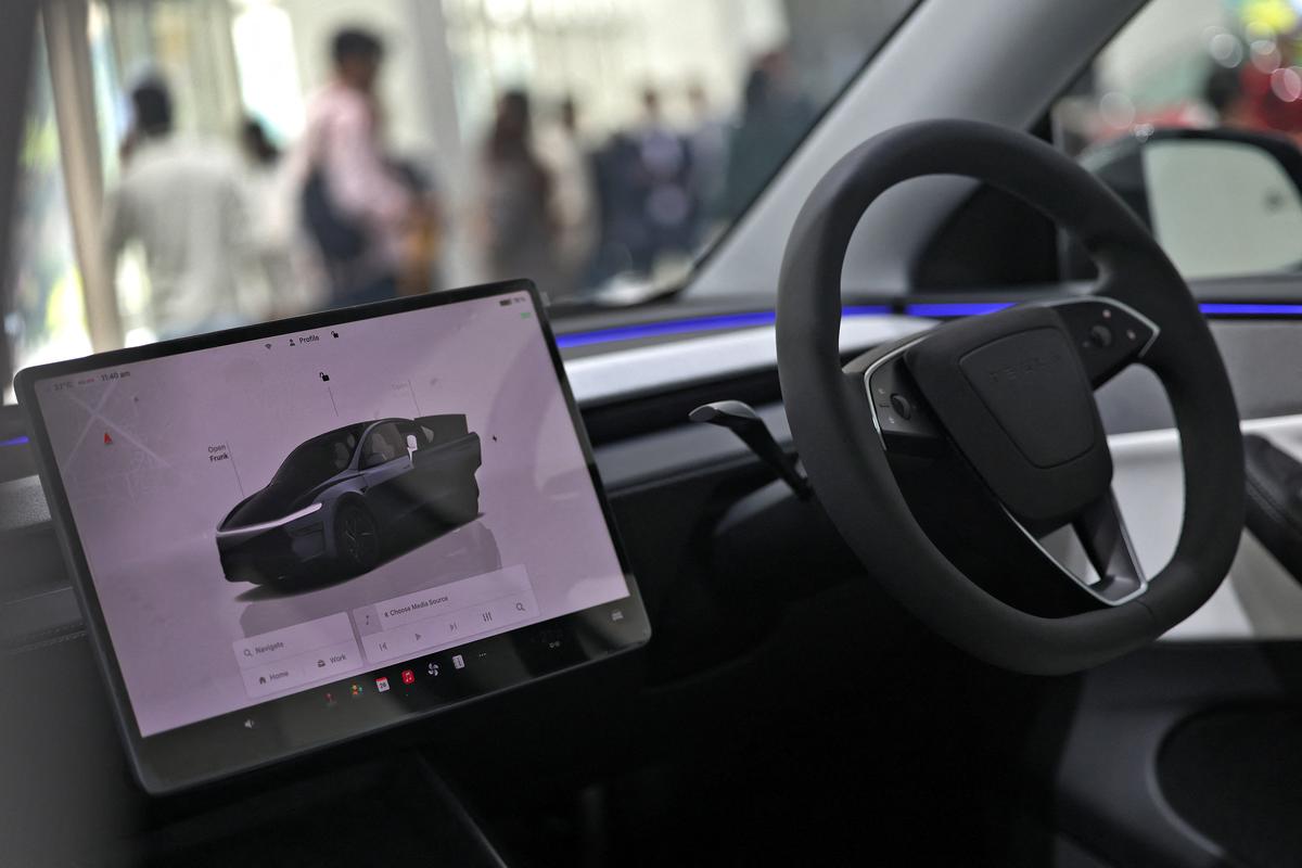 The interior of a Tesla Model Y car inside the newly launched Tesla centre in Gurugram, India, November 26, 2025. REUTERS/Bhawika Chhabra