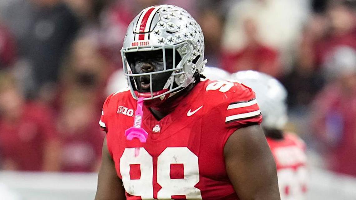  Ohio State Buckeyes defensive tackle Kayden McDonald (98) celebrates during the first half of the Big Ten Conference championship game against the Indiana Hoosiers at Lucas Oil Stadium in Indianapolis on Dec. 6, 2025. | Adam Cairns/Columbus Dispatch / USA TODAY NETWORK via Imagn Images 