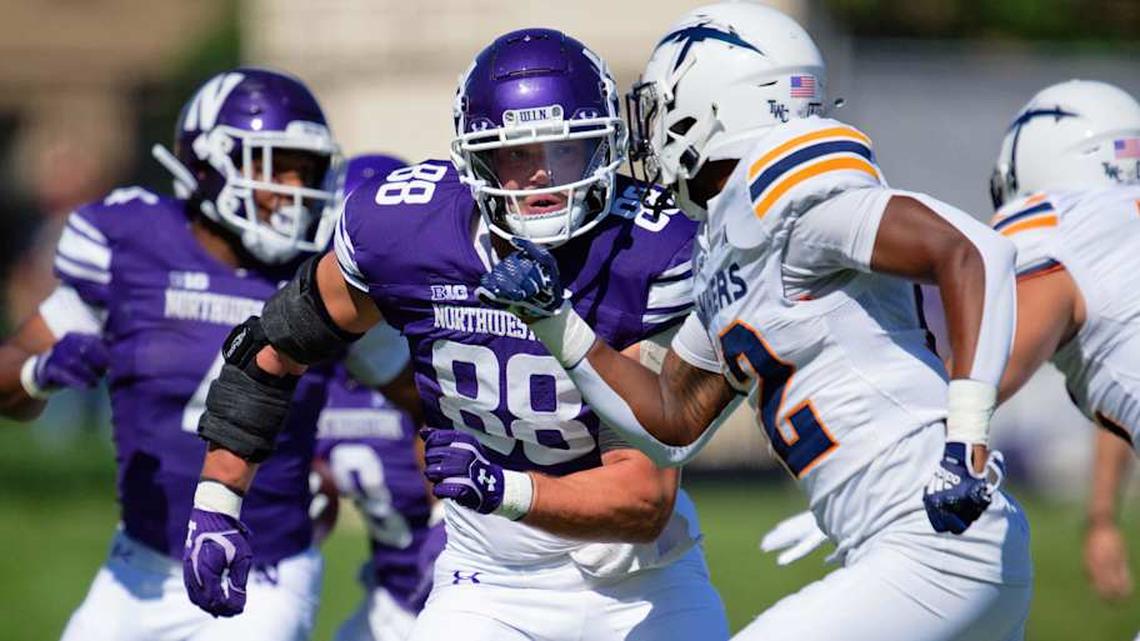  Sep 9, 2023; Evanston, Illinois, USA; Northwestern Wildcats tight end Marshall Lang (88) blocks against the University of Texas El Paso Miners at Ryan Field. Mandatory Credit: Jamie Sabau-Imagn Images | Jamie Sabau-Imagn Images 