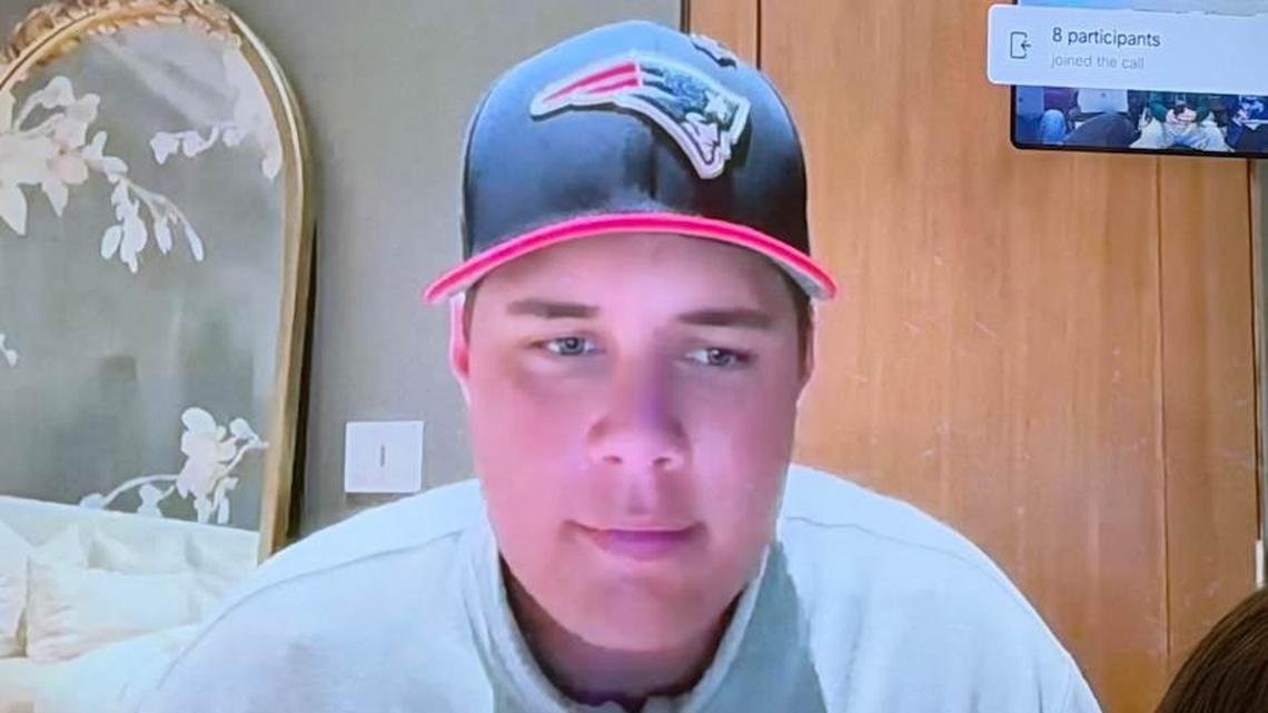  New England Patriots offensive tackle Caleb Lomu addresses the media after being selected in the first round. | Ethan Hurwitz / Patriots On SI 