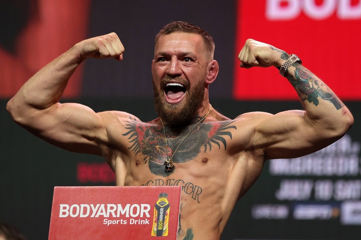  LAS VEGAS, NEVADA - JULY 09: Conor McGregor poses during a ceremonial weigh in for UFC 264 at T-Mobile Arena on July 09, 2021 in Las Vegas, Nevada. (Photo by Stacy Revere/Getty Images) Stacy Revere/Getty Images