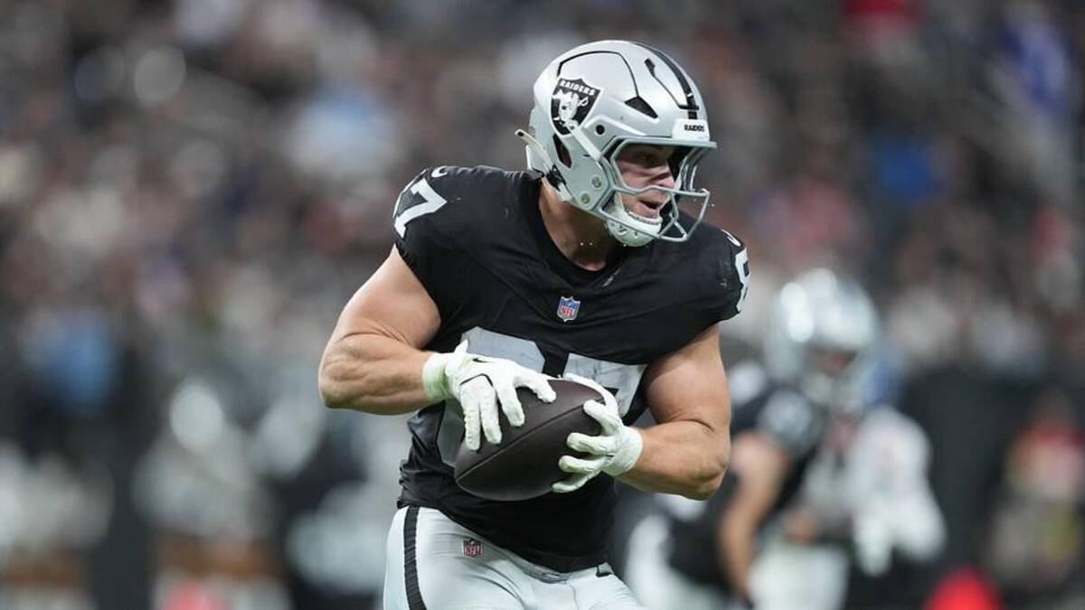  Dec 28, 2025; Paradise, Nevada, USA; Las Vegas Raiders tight end Michael Mayer (87) makes a catch in the second half against the New York Giants at Allegiant Stadium. Mandatory Credit: Kirby Lee-Imagn Images | Kirby Lee-Imagn Images 