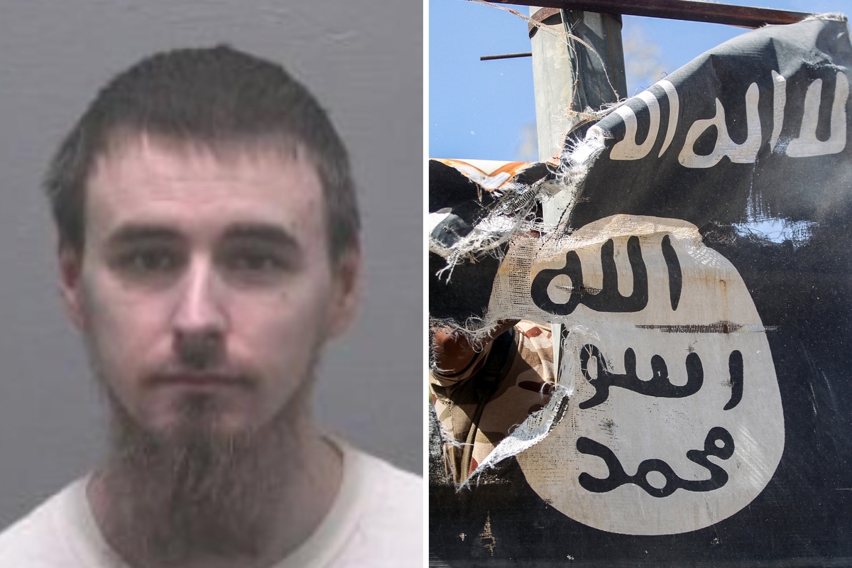  A composite image shows Alexander Justin White, 30, and a lamppost bearing the logo of the Islamic State (IS) group in the town of Tal Afar, west of Mosul, on August 26, 2017. 
